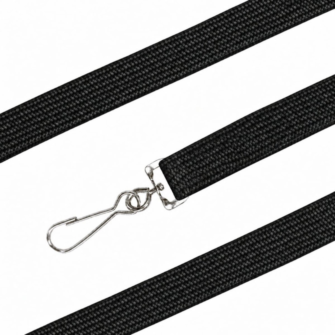 A black bootlace lanyard featuring a metal clip for attachment, designed for events and exhibitions.