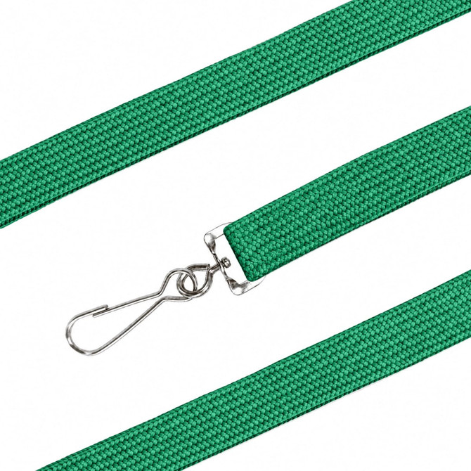 A green bootlace lanyard with a metal clip hook. It features a textured fabric design.