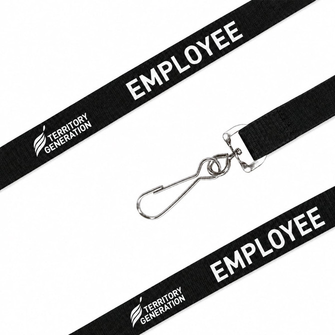 A black poly ribbed lanyard with a clip attachment and a logo, featuring the word "EMPLOYEE."