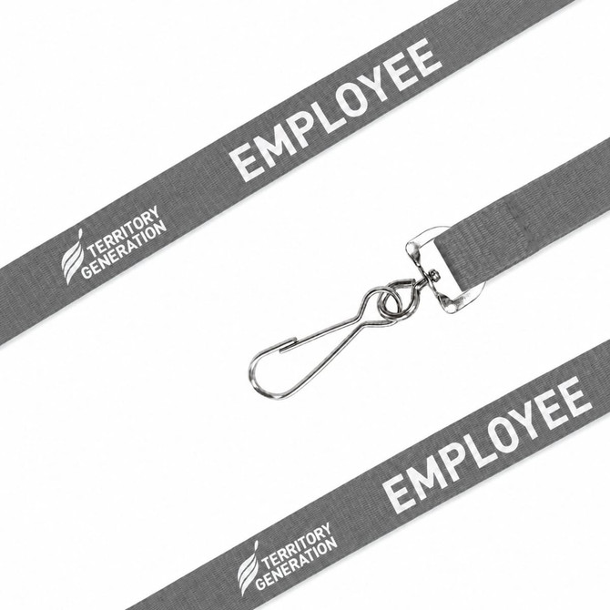 A grey poly ribbed lanyard featuring a hook and branding, designed for exhibitions and events.