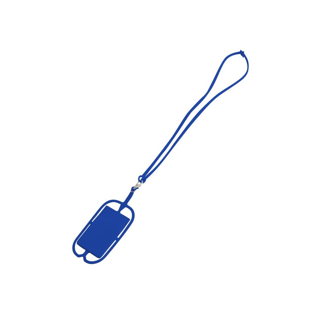A blue phone holder with a silicone lanyard, featuring a simple design and a logo on the holder.