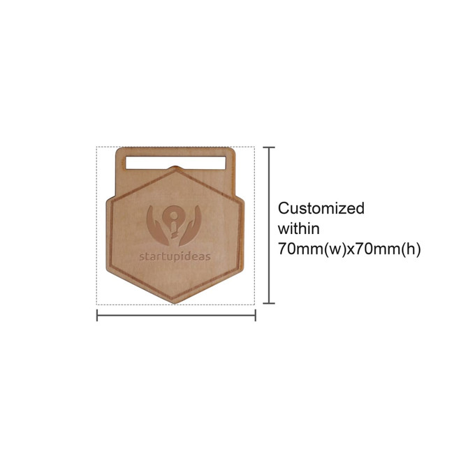 A custom-shaped wooden medal in natural wood finish with a bamboo lanyard, featuring a logo.