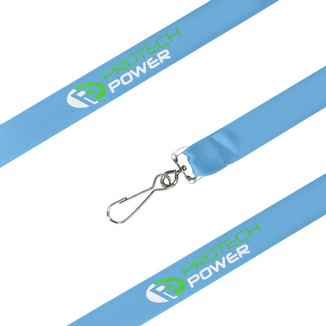 A blue satin lanyard featuring a metal clip and logo branding along its length.
