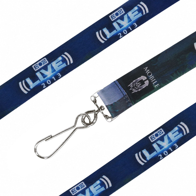A blue sublimation lanyard with a metal clip and branding elements. Ideal for exhibitions and events.