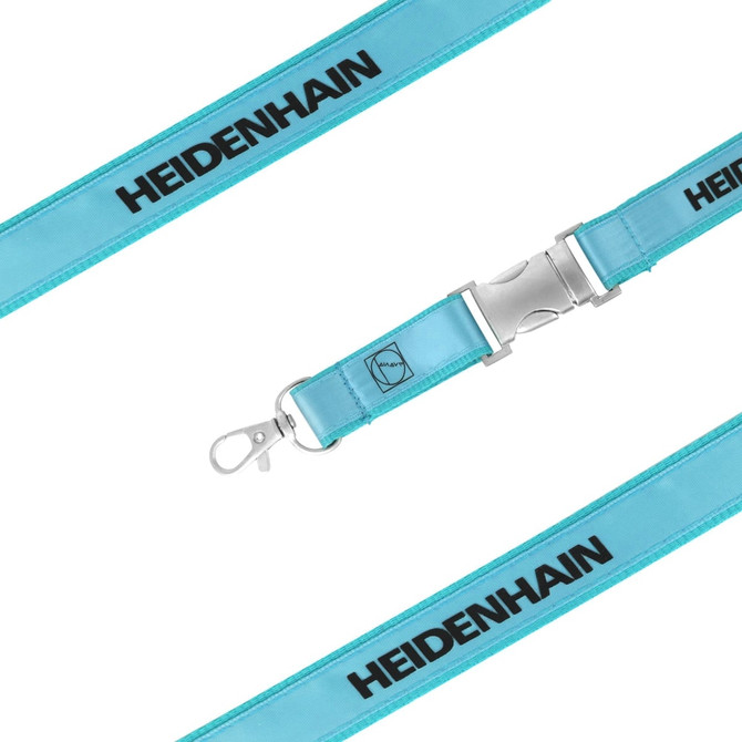 A light blue poly satin lanyard with a logo, featuring a metal clip for attaching items.