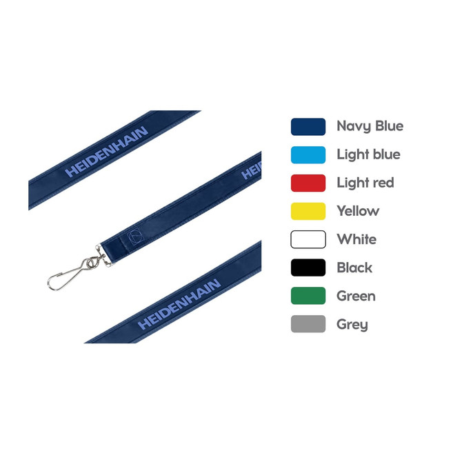 A navy blue poly satin lanyard with a silver clip and a logo. Other colour options include light blue, red, yellow, white, black, green, and grey.