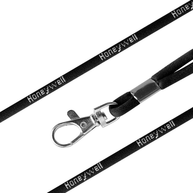 A black poly rope lanyard featuring a metal clip and a logo, suitable for events and exhibitions.