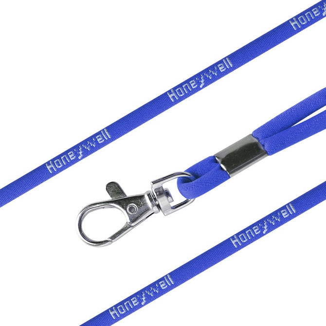 A blue poly rope lanyard with a metal clip and a branding logo along the length.