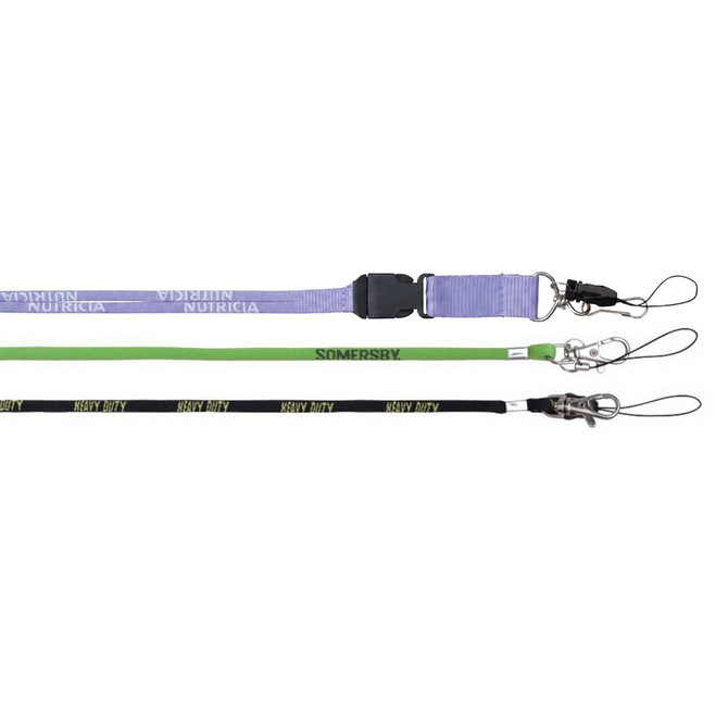 Three poly rope lanyards in purple, green, and black, each featuring a clip for attachment and a logo.