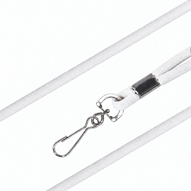 A white poly rope lanyard with a silver clip attachment. Features two strands for added durability.