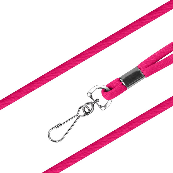 A pink poly rope lanyard with a metal clip for attachment. It features a sleek design and a glossy finish.
