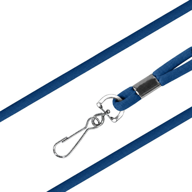 A blue poly rope lanyard with a metal clip for attaching items and a sleek design.