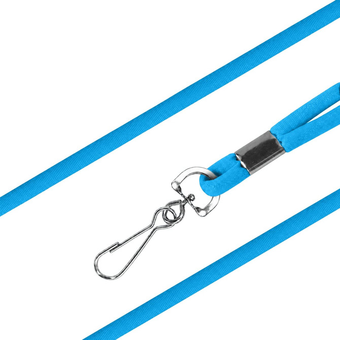 A blue poly rope lanyard featuring a metal clip and a sleek design.