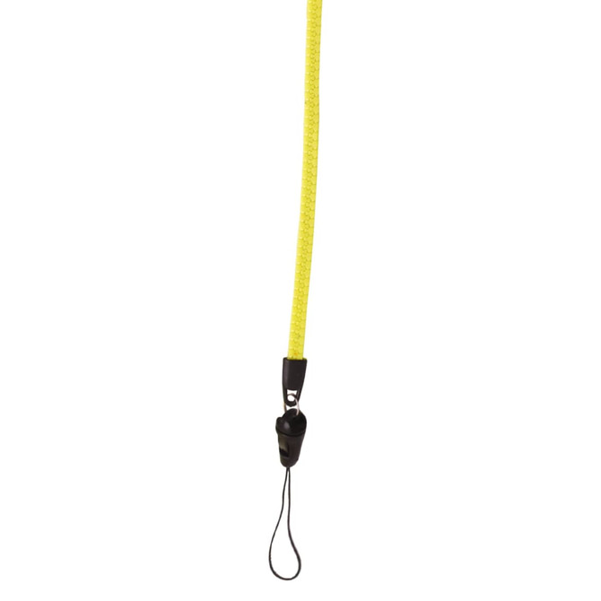 A bright yellow zipper lanyard with a black plastic clip and a loop for attachment.