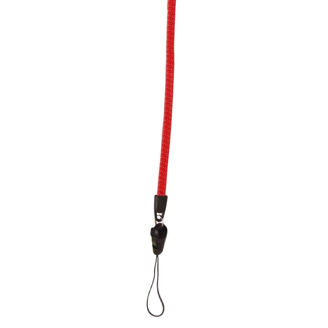 A red zipper lanyard featuring a black clasp at the end, with a PVC tag attachment.