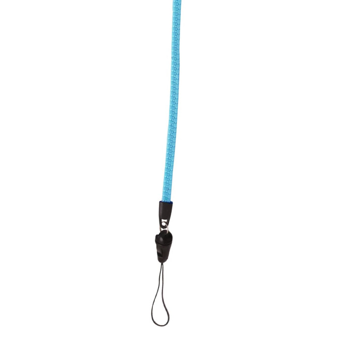 A blue zipper lanyard with a black attachment and a loop at the end. It features a branding logo.