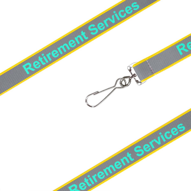 A grey safety lanyard with yellow and turquoise branding, featuring a metal clip at one end.