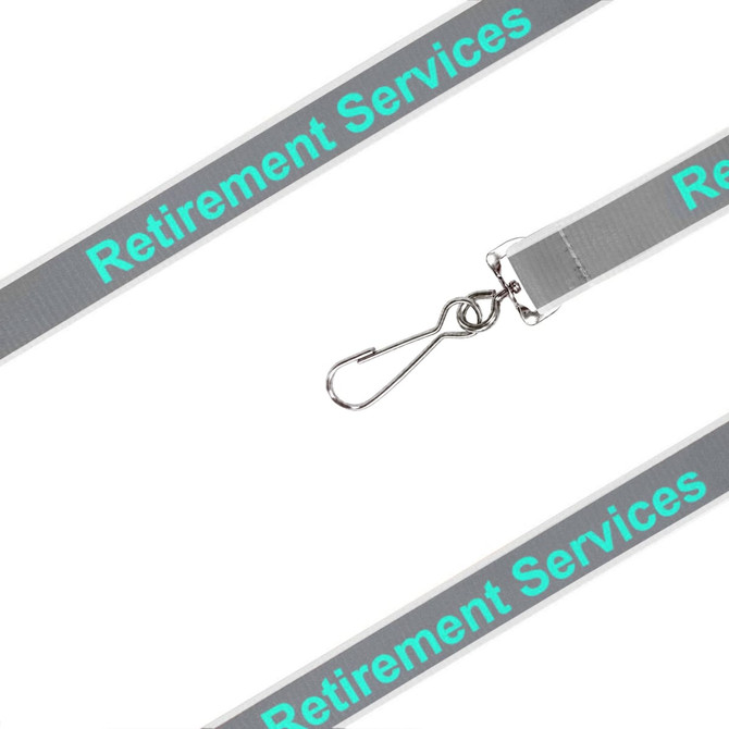 A grey safety lanyard with a clip and branding, featuring blue text reading "Retirement Services."
