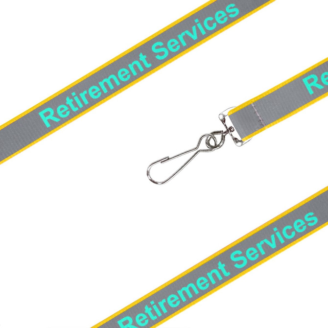 A grey safety lanyard with a yellow trim and a clip, featuring a branded logo on both sides.