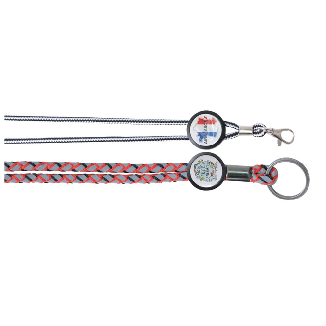 A lanyard with a braided red and grey design, featuring an attached ring and a clip, along with branded epoxy domes.