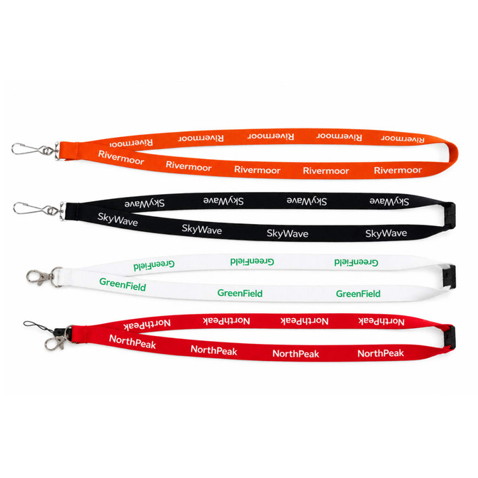A collection of bamboo ribbed lanyards in red, black, white, and green, each with a branding logo.