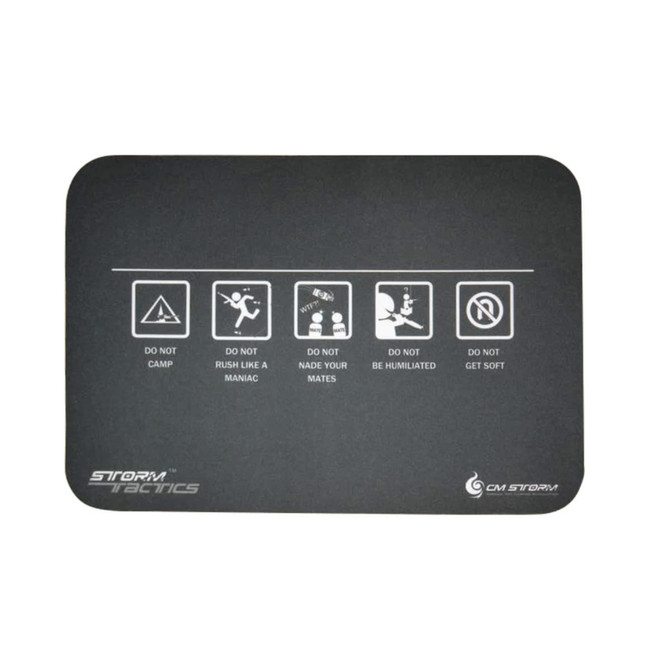 A black mouse mat featuring various icons and text instructions, along with a logo in the corner.
