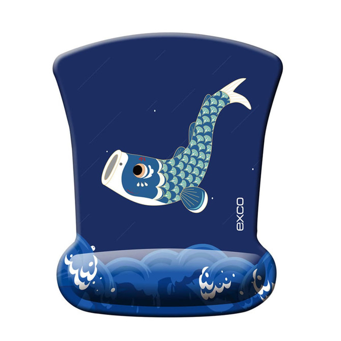 A blue gel mouse mat featuring a koi fish design with waves at the bottom and a logo on the side.
