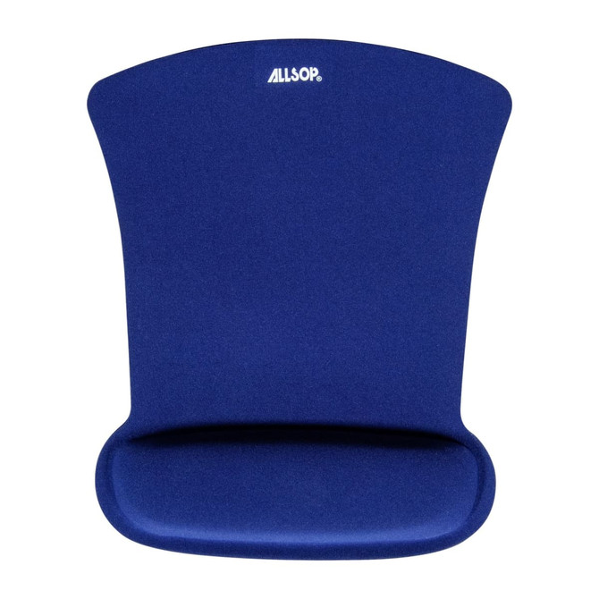 A blue gel mouse mat with a contoured design featuring a logo at the top.