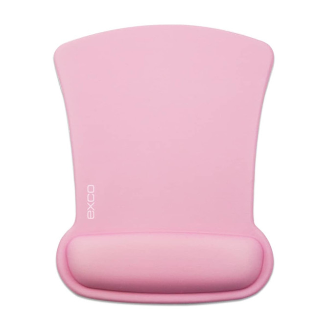 A pink mouse mat with a curved design and a wrist support section, featuring a logo.