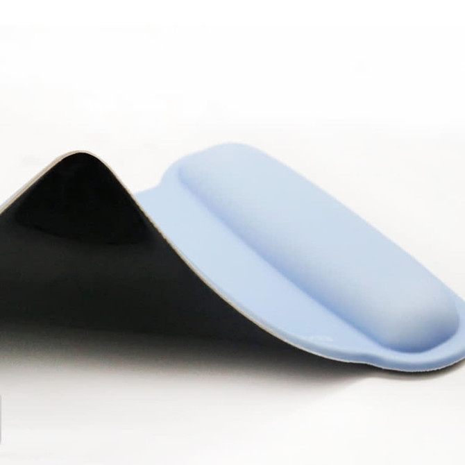 A black and pale blue gel mouse pad with a raised section for wrist support and a smooth surface.