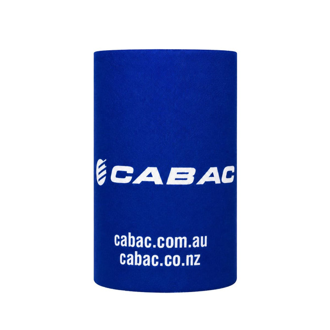 A blue stubby holder featuring a logo, designed to fit standard drink bottles.