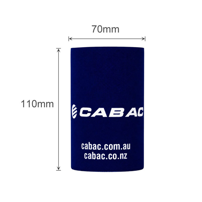 A stubby holder with a base in navy blue, featuring a logo. Dimensions are 70mm by 110mm.