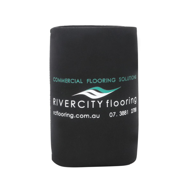 A foldable stubby holder in black with a logo and text for a flooring company.