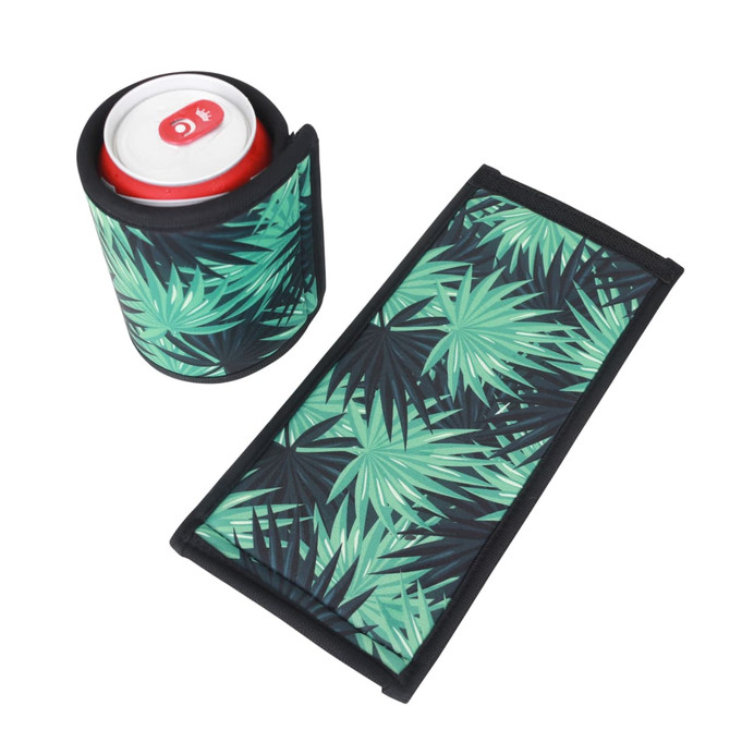 A drink bottle holder with a tropical leaf design, featuring shades of green on a black background, and a logo.