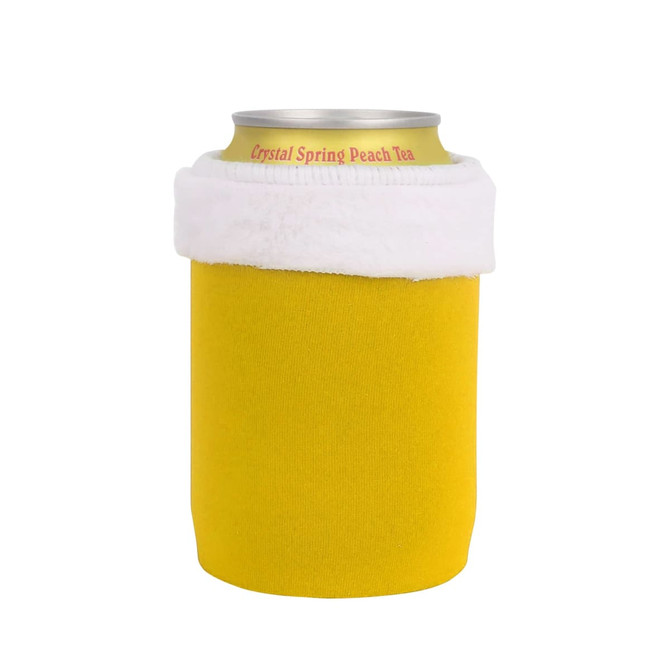 A drink bottle holder in bright yellow with a white trim at the top, designed to fit a standard can.