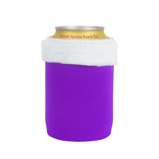 A drink bottle holder in vibrant purple with a white fleece top, designed for keeping beverages cool.