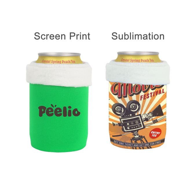 A green stubby holder with a logo and a patterned holder featuring a film camera design. Both are designed for drink cans.