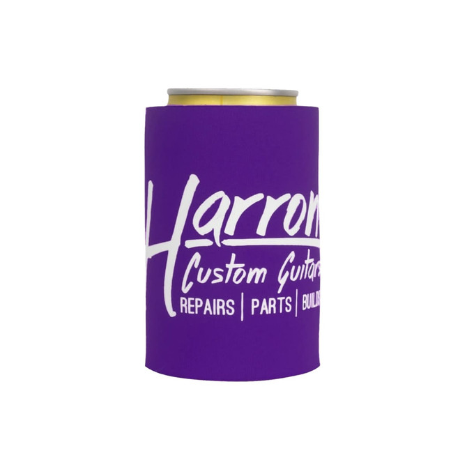 A purple stubby holder designed for drink cans, featuring a logo and text.