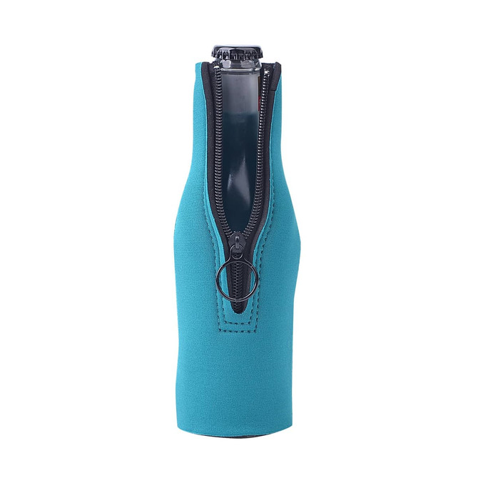 A drink bottle cooler in teal with a zippered design, featuring a ring for easy carrying.