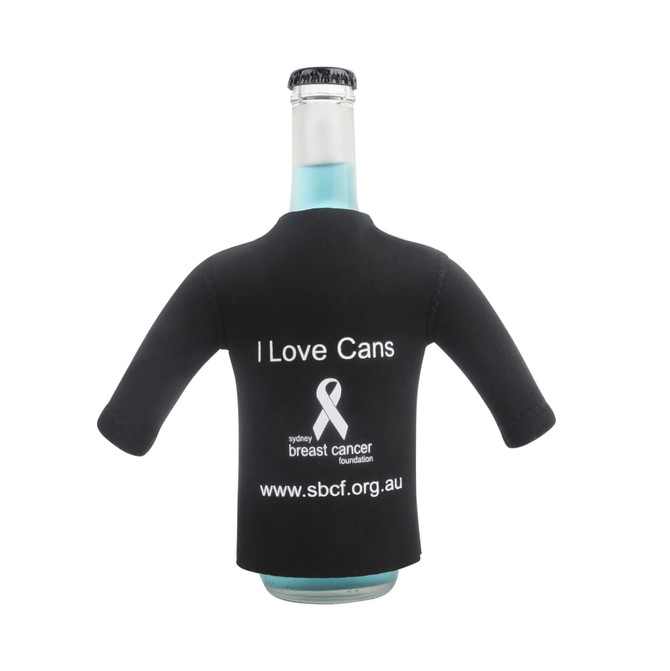 A drink bottle with a black long sleeve cooler featuring a logo and the text "I Love Cans".