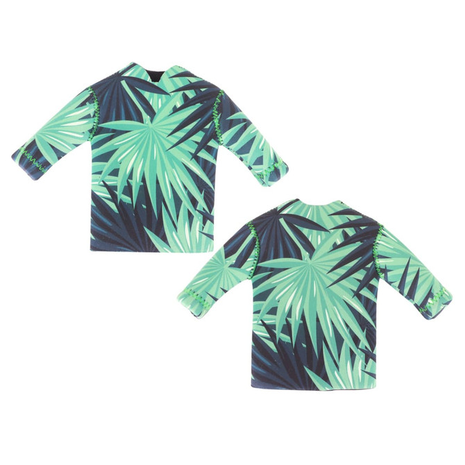 A drink bottle cooler in green tropical leaf design with long sleeves. Features a logo on one side.