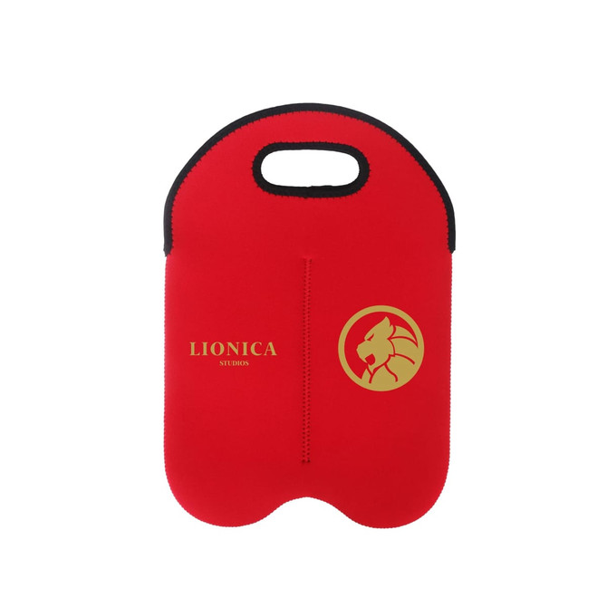A drink bottle cooler in vibrant red with a handle and a logo, designed for twin bottles.