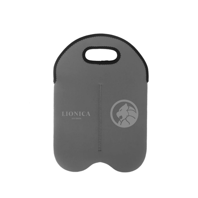 A drink bottle cooler in grey with a handle and a logo, featuring a sleek, modern design.