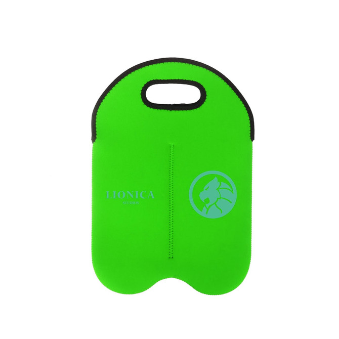 A green Twin Bottle Wine Cooler with a handle and a logo. It features a sleek, insulated design for beverage storage.