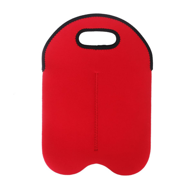 A drink bottle cooler in bright red with a black trim and a handle for easy carrying.