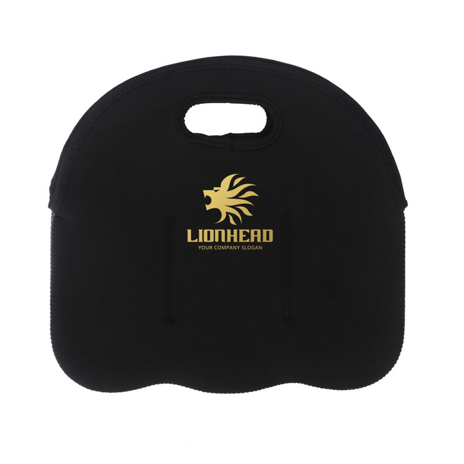 A black cooler bag featuring a handle, designed to hold six drink bottles, with a logo on the front.