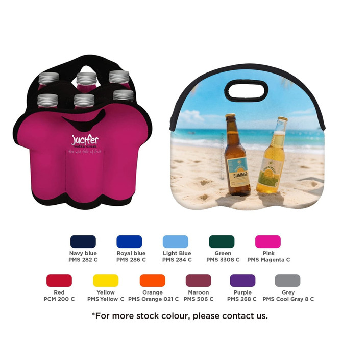A pink six-bottle cooler with a handle, featuring a design of two drink bottles on a beach setting.
