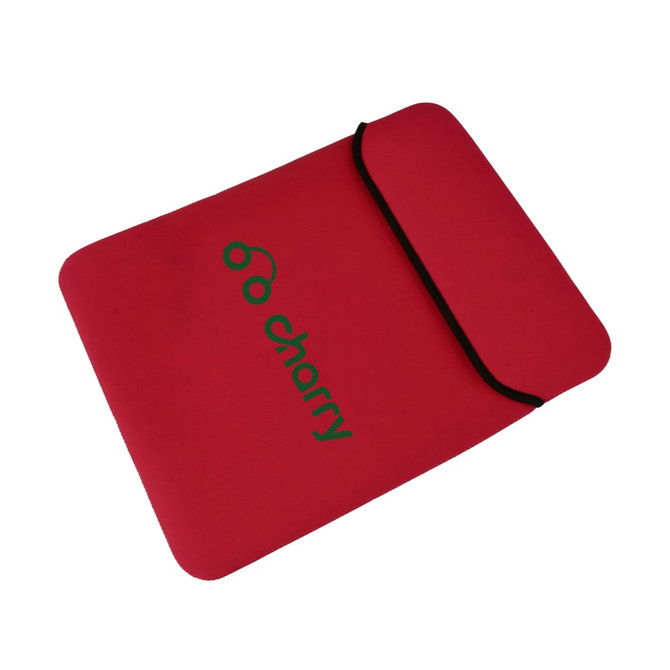 A red tablet PC bag with a black trim and a logo on the front.