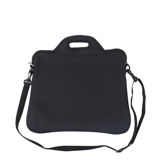 A black laptop bag with a handle and a detachable shoulder strap, featuring a simple design.