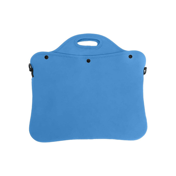 A blue laptop bag with a handle, featuring a smooth exterior and attachment points.